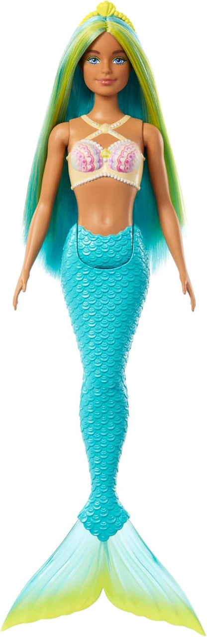 Barbie Bonecas de sereia com cabelo de fantasia e acessórios de faixa de cabeça, brinquedos de sereia com corpete inspirado em conchas e caudas coloridas, HR03