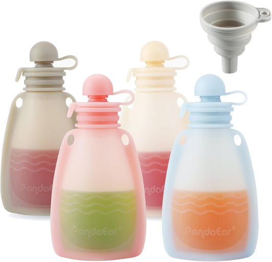 PandaEar Conjunto de 4 saquinhos de silicone reutilizáveis para papinha, ideais para bebês e crianças pequenas. Feitos de silicone livre de BPA, cada saquinho tem capacidade para 142 g (5 oz).