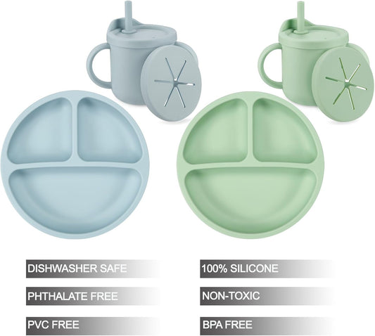 PandaEar Conjunto de alimentação para bebês em silicone | 2 pratos divididos com ventosas e 2 copinhos com 2 colheres e 2 garfos | Utensílios para alimentação independente para bebês (azul claro/verde claro)