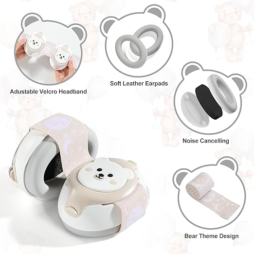Fones de ouvido para bebês, proteção auditiva para bebês de 0 a 36 meses, NRR de 25dB, cancelamento de ruído com estampa de urso, essenciais para viagens de avião, melhoram o sono e são ideais para atividades ao ar livre.