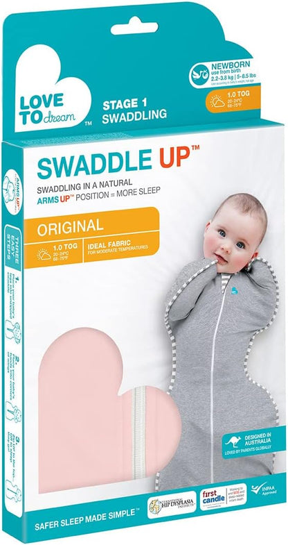 Love To Dream™ Swaddle UP™, Recém-nascido 2,2–3,8 kg – Rosa | Ajuste perfeito, promove uma rotina de sono saudável | 1,0 Tog Ideal para primavera e verão (20–24 °C) | Algodão lavável à máquina com zíper duplo