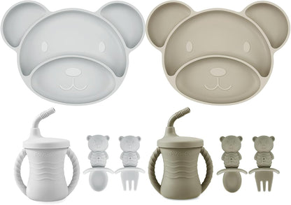 PandaEar Conjunto de Introdução Alimentar para Bebês com 8 Peças, Conjunto de Alimentação de Silicone para Bebês, 2 Pratos Divididos com Ventosas para Bebês em Fase de Introdução Alimentar, 2 Copos de Treinamento para Crianças Pequenas,