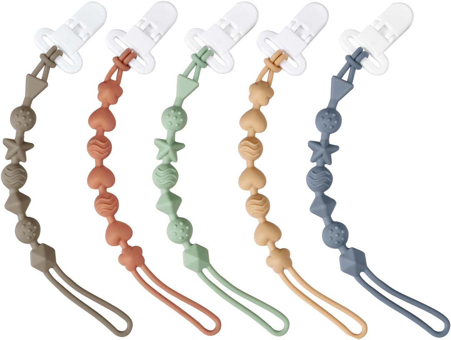 PandaEar - Pacote com 5 prendedores de chupeta de silicone, design de peça única, ideal para a fase de dentição.