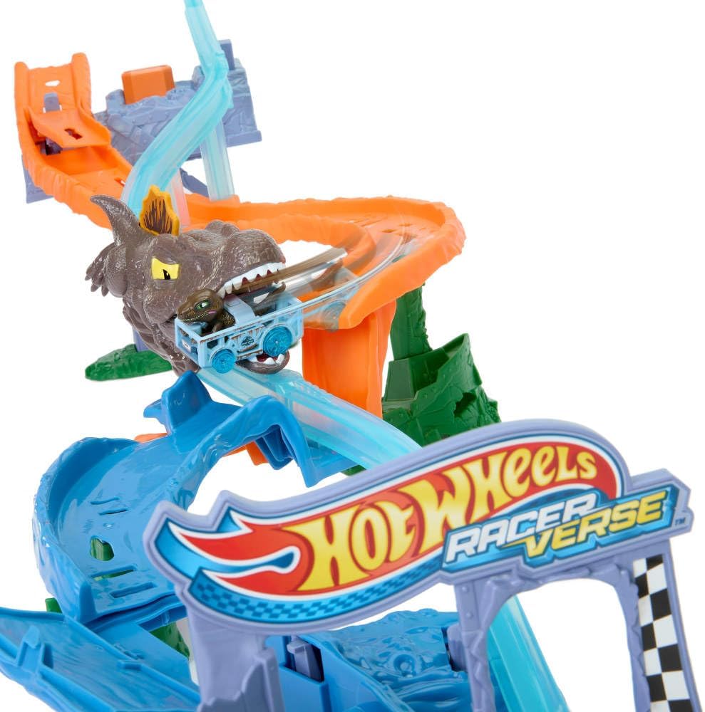 Conjunto de Pista de Carrinhos Hot Wheels RacerVerse Jurassic World Crash & Splash com Veículo Velociraptor de Metal Fundido, Corrida de Dinossauros com Espinossauro, JFP32