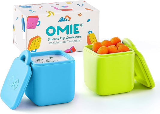 Omie Box (paquete de 2) recipientes de viaje a prueba de fugas, recipiente para aderezo de ensalada, recipientes para condimentos con tapas, silicona segura para alimentos, 4 oz (azul/lima)