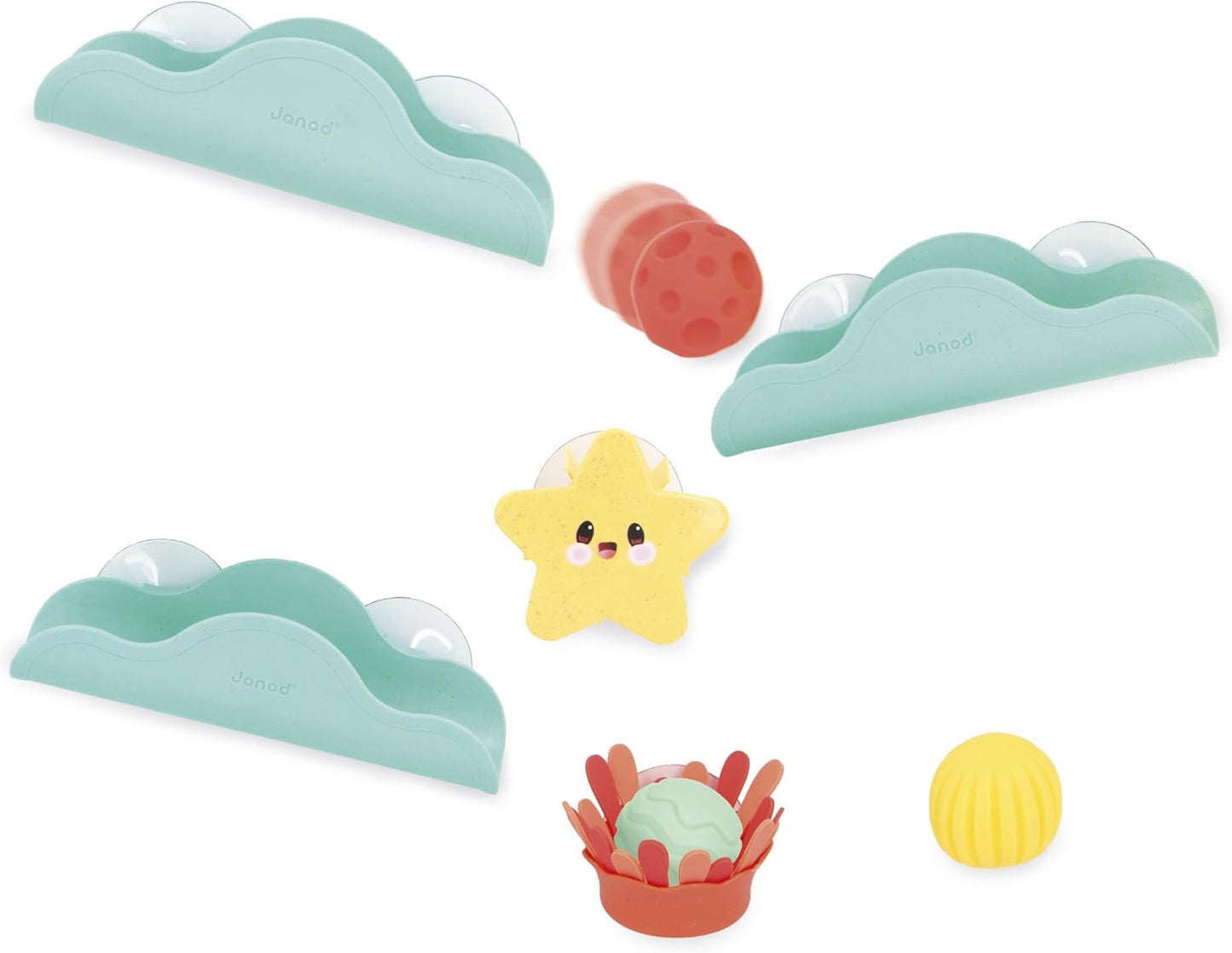 Janod - Circuito de Banho com Ventosa, Bolas e Elementos Giratórios - Brinquedo de Palha de Trigo - Coordenação Motora Fina - A partir de 12 meses - J04732