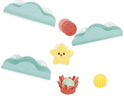 Janod - Circuito de Banho com Ventosa, Bolas e Elementos Giratórios - Brinquedo de Palha de Trigo - Coordenação Motora Fina - A partir de 12 meses - J04732