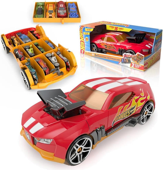 Hot Wheels Estojo para guardar carrinhos 2 em 1, modelo Race N' Haul, com rodas livres e alça retrátil - Capacidade para até 15 carrinhos (carrinhos não inclusos).