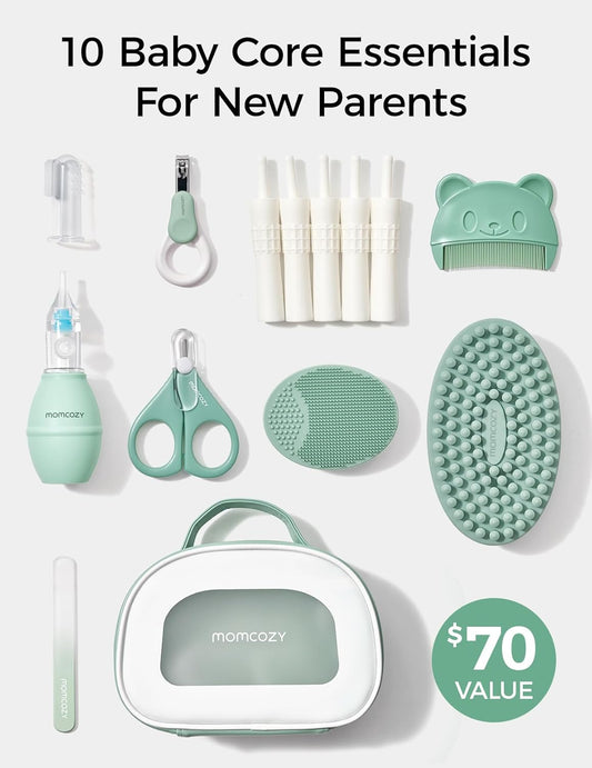 Momcozy Core Baby Kit, kit essencial para bebês para cuidados com a higiene, saúde e limpeza, inclui kits de lixa de unha, aspirador nasal, tubos de alívio de gás, escovas de banho