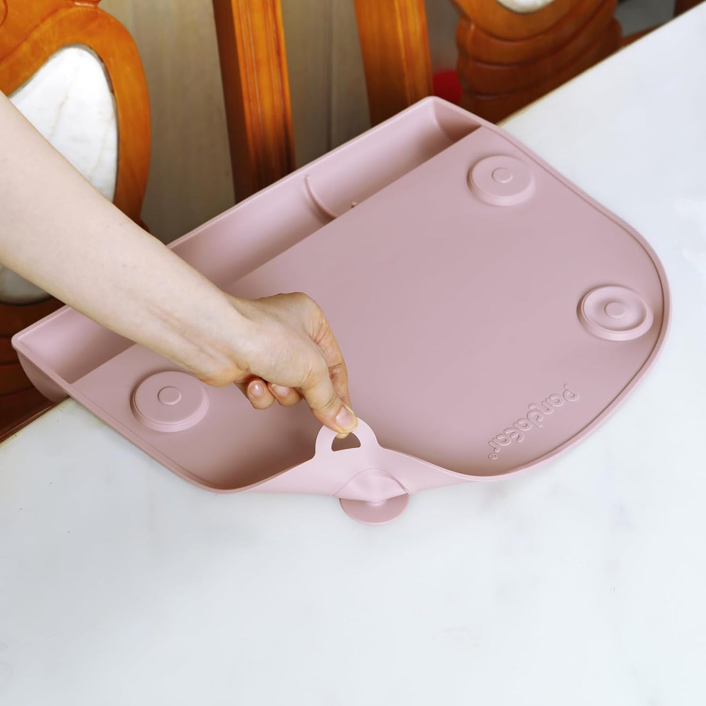 PandaEar Jogo Americano de Silicone com Ventosa (Pacote com 2) para Bebês e Crianças | Jogo Americano Infantil de Grau Alimentício para Mesa de Jantar e Restaurantes | Jogo Americano para Bebê que Adere à Mesa (Rosa + Linho)