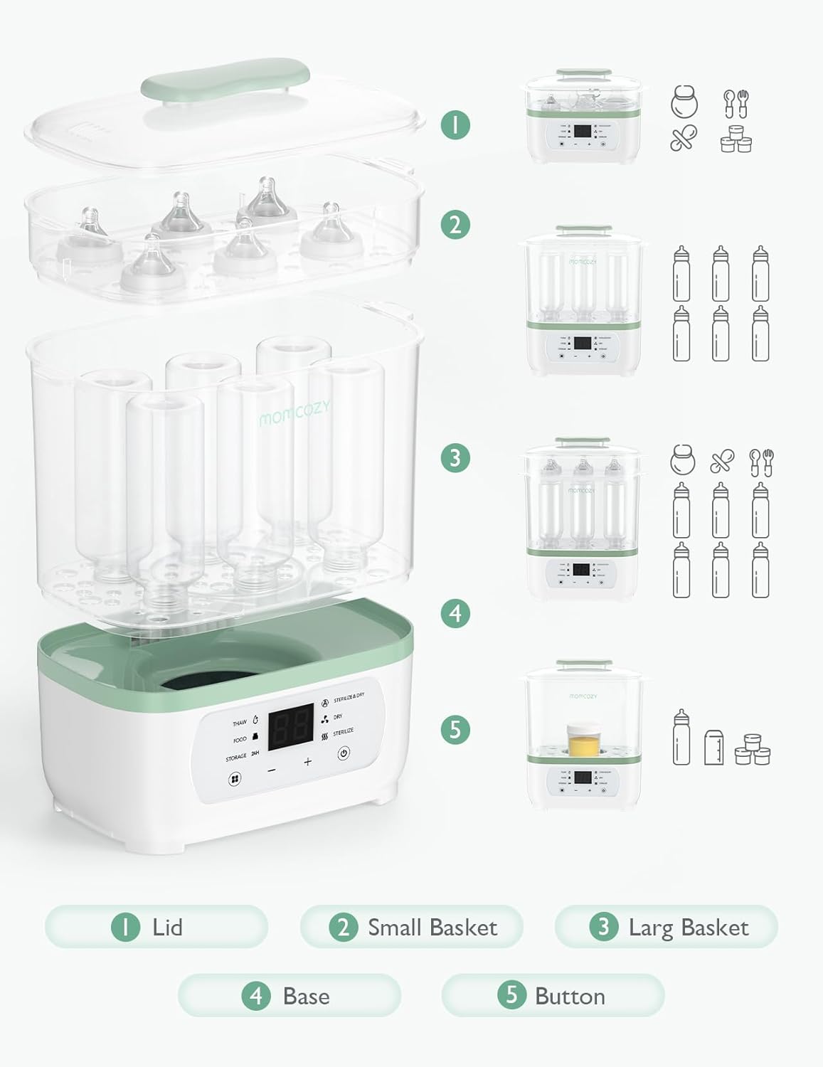Momcozy Esterilizador e secador de mamadeiras a vapor elétrico, multifuncional 8 em 1, adequado para mamadeiras, acessórios de bomba de leite e artigos de bebê, faixa de preço intermediária.