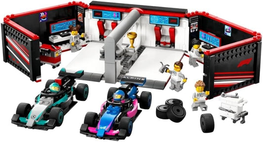 LEGO City F1 Garage e Mercedes-AMG e Alpine Cars - Conjunto de veículos de corrida de Fórmula 1 de brinquedo com 2 pilotos e 4 minifiguras mecânicas - Presentes para meninos e meninas com mais de 7 anos ou adultos