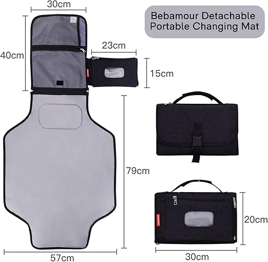 Bebamour Cambiadores de pañales portátiles con toallitas húmedas para viajes Cambiadores de bebé con almohadilla para la cabeza del bebé Cambiadores de pañales impermeables Esenciales para recién nacidos, negro