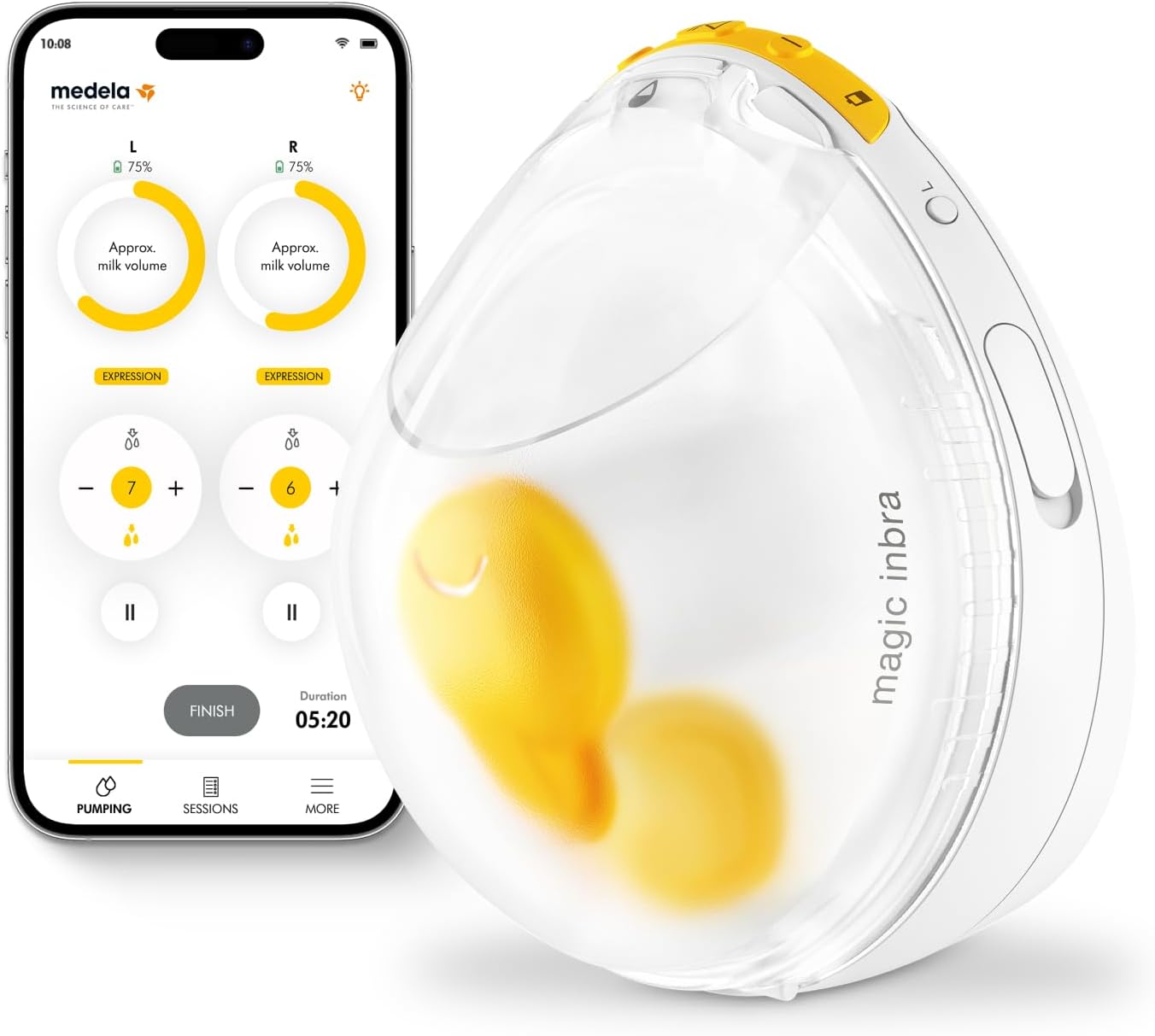 Bomba tira-leite portátil Medela Magic InBra, com tecnologia Fluidfeel, conectividade com aplicativo inteligente e controle avançado por sensores. Ultraleve, silenciosa e de nível hospitalar.