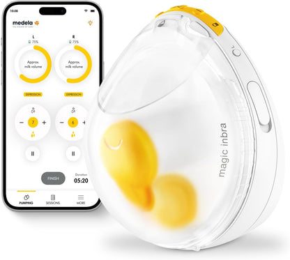 Bomba tira-leite portátil Medela Magic InBra, com tecnologia Fluidfeel, conectividade com aplicativo inteligente e controle avançado por sensores. Ultraleve, silenciosa e de nível hospitalar.