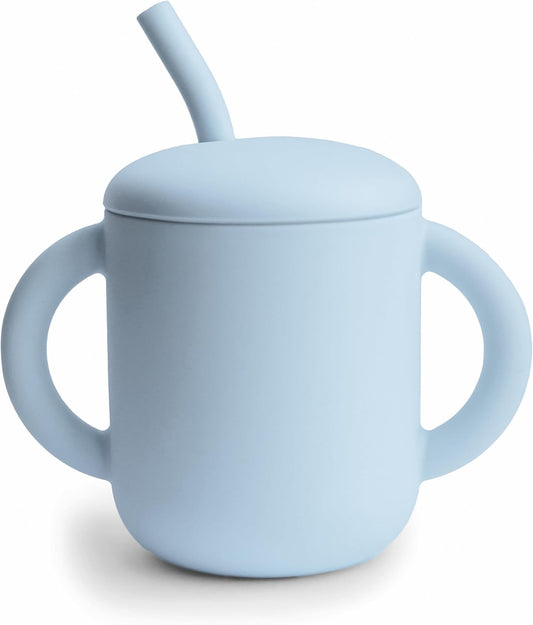 Mushie Copo de Treinamento em Silicone com Canudo | Copo de Transição para Bebês a partir de 6 Meses | Capacidade: 175 mL | Tampa Removível | Material: Silicone de Grau Alimentício | Pode ser lavado na lava-louças e usado no micro-ondas (Azul Claro)
