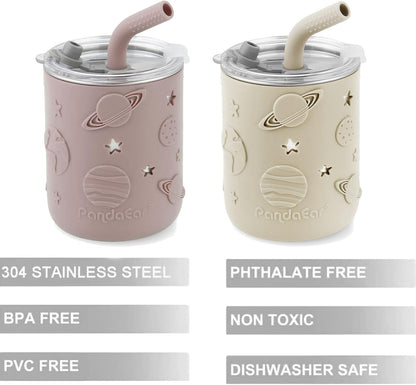 PandaEar Conjunto de 2 Copos de Treinamento em Aço Inoxidável – Copo para Bebê a partir de 6 Meses, Copo Antivazamento com Canudo, Copo com Canudo para Bebê e Copo de Introdução Alimentar para Crianças, Copo Antivazamento (260ml)