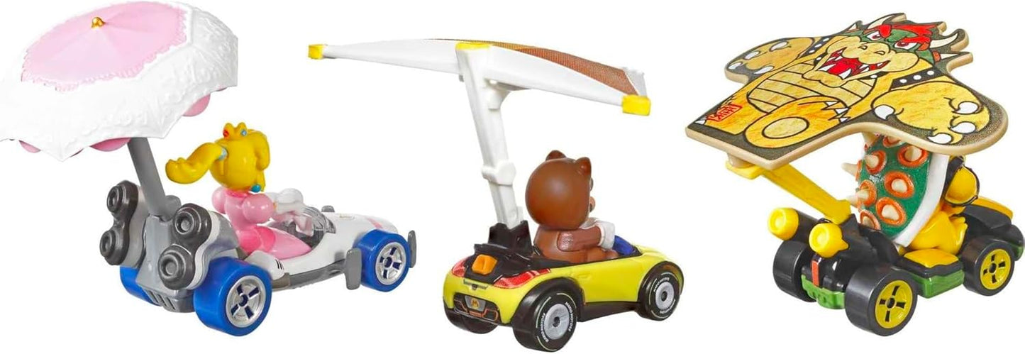 Hot Wheels Super Mario - Pacote com 3 carrinhos de personagens em 1 conjunto, presente para crianças e colecionadores a partir de 3 anos de idade, multicolorido, (HDB39)