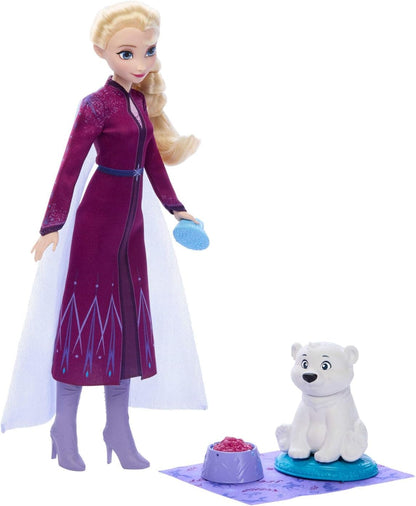 Mattel Boneca Fashion Elsa e Filhote de Urso-Polar Disney Frozen da | 4 Acessórios, incluindo cama e cobertor para o animal, cabelo trançado, inspirada nos animais de Arendelle de Disney Frozen, JFG16