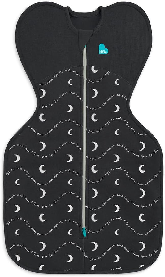 Love To Dream™ Swaddle UP™, Recém-nascido 2,2-3,8kg - Cinza Carvão Lua e Costas | Ajuste perfeito, promove uma rotina de sono saudável | 1,5 Tog Ideal para uso durante todo o ano (18–22°C) | Algodão lavável à máquina e zíper duplo