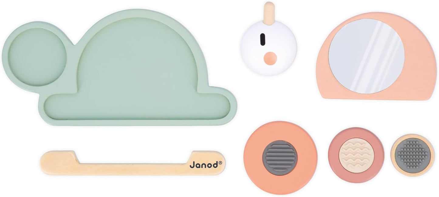 Janod Caracol sensorial empilhável Sweet Cocoon, 6 peças empilháveis de madeira FSC, 4 blocos sensoriais, jogo de aprendizagem precoce, 12 meses +, verde/rosa