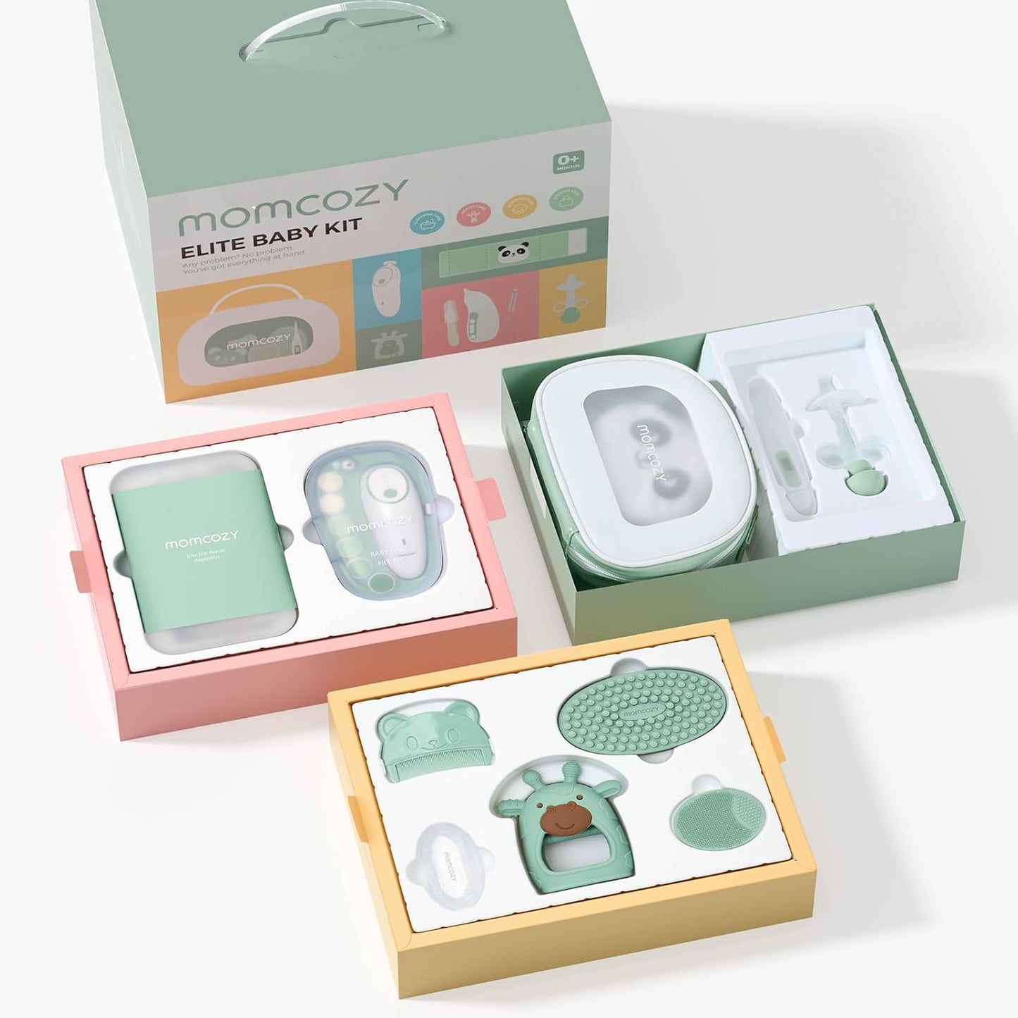 Momcozy Kit Elite para Bebês, conjunto de presente superior para higiene, saúde e limpeza, inclui lixa de unha elétrica e aspirador nasal, faixa térmica para barriga, termômetro, escova de banho, mordedor e chupeta medicinal.
