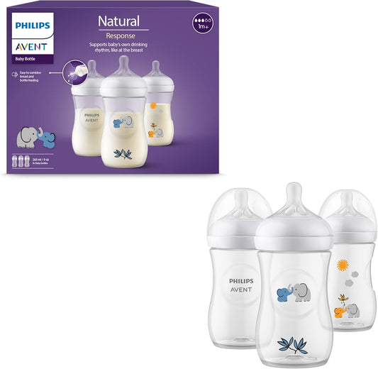 Philips Avent Natural Response Baby Gift Set, 3 mamadeiras Natural Response 260 ml com T3 (bicos de 1 m+), SCY903/63