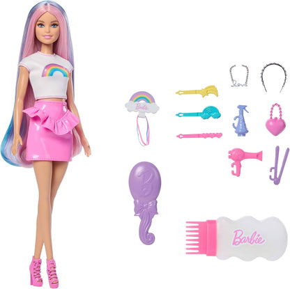 Barbie Boneca Cabelo Arco-Íris Brilhante, Cabelo Extralongo e Colorido com 12 Acessórios de Penteado como Tubo de Glitter, Escova, Presilhas, Secador de Cabelo e Mais, JJP07