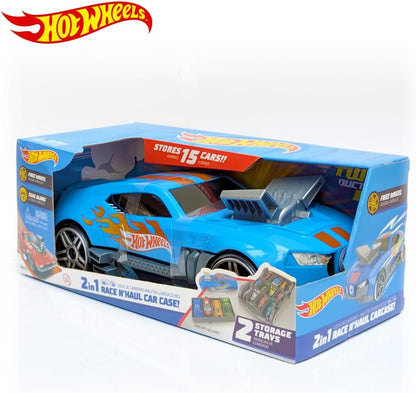 Hot Wheels Estojo para guardar carrinhos 2 em 1, modelo Race N' Haul, com rodas livres e alça retrátil - Armazena até 15 carrinhos (carrinhos não inclusos).