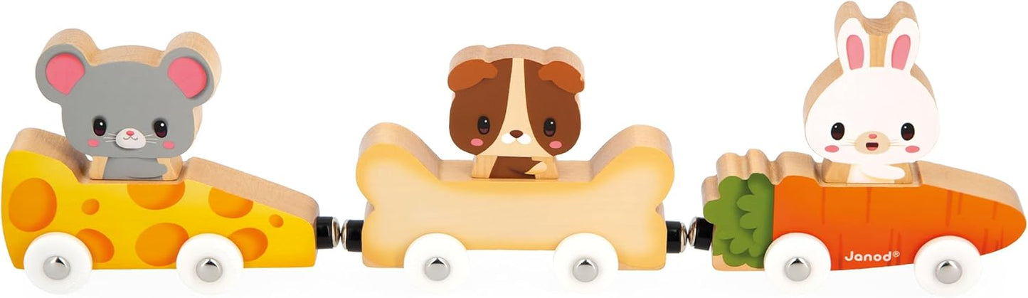 Janod - Mascotas Magnéticas - Juguete de Aprendizaje Temprano - 3 Vehículos + 3 Animales de Madera - Desarrolla la Destreza - Juego de Madera FSC - 18 Meses +,