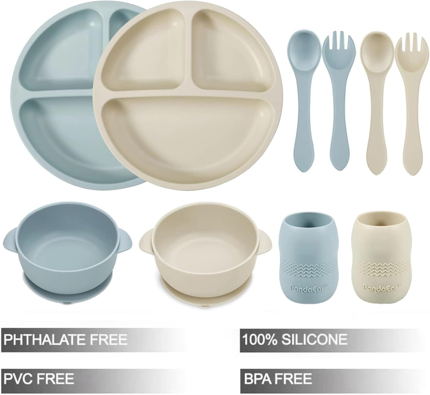 PandaEar Conjunto de alimentação para bebês em silicone | Kit para introdução alimentar | 2 pratos divididos com ventosas + 2 tigelas com ventosas + 2 copos de transição com 2 colheres