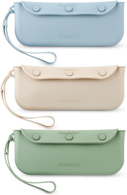 PandaEar Conjunto de 3 Bolsas Porta-Talheres de Silicone para Bebê, Estojo Organizador de Talheres Portátil e Reutilizável para Bebês e Crianças, Ideal para Colheres, Garfos e Hashis.
