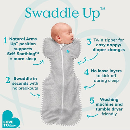 Love To Dream™ Swaddle UP™, Medium 6-8.5 kg - Grey, Snug Fit, Supports Healthy Sleep Routine, 1.0 Tog - Ideal for 20-24°C Temperatures, Machine Washable Cotton & Double Zip for Easy Nappy Changes