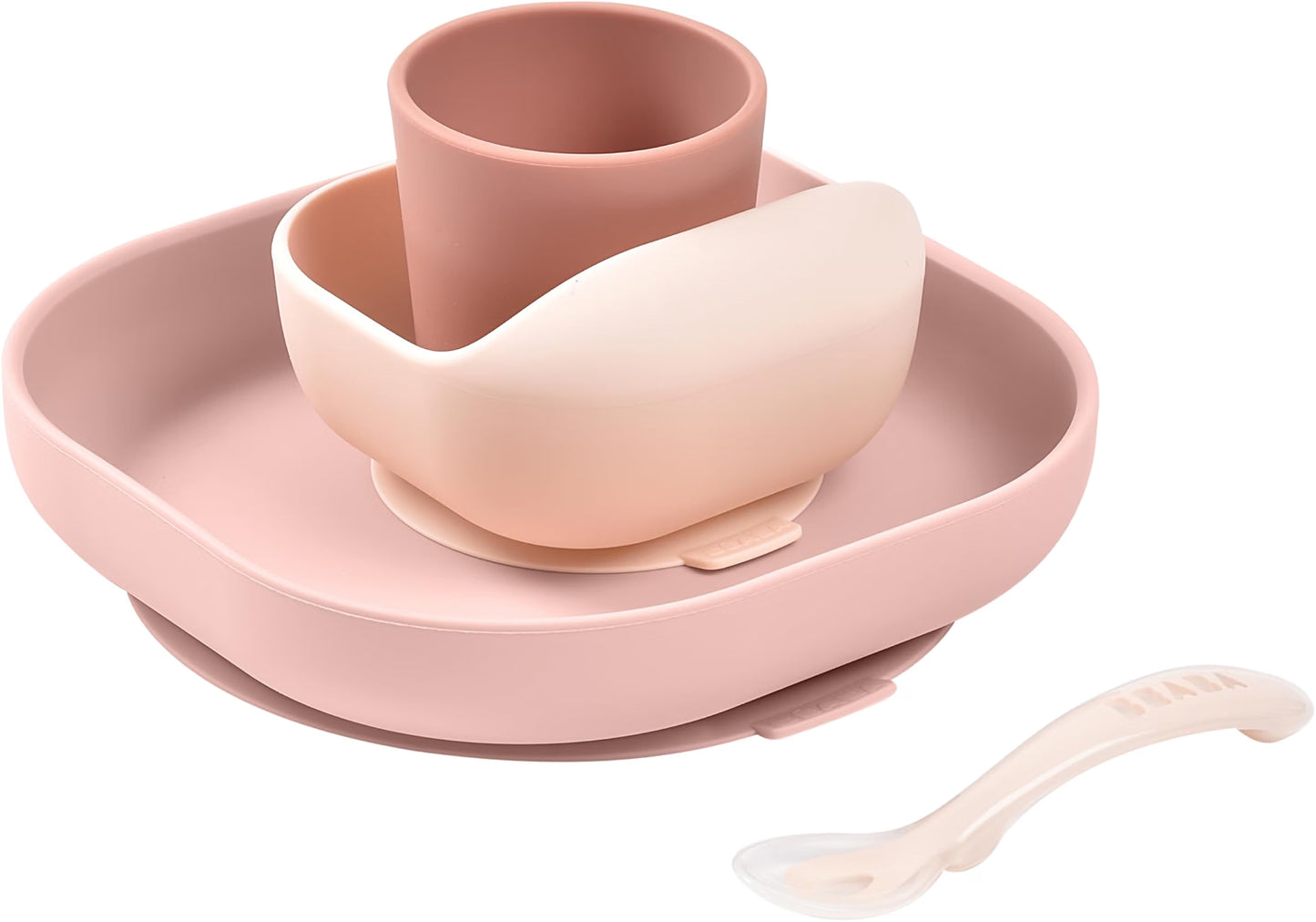 Béaba - Conjunto de Refeição de Silicone com Sucção Forte -  4 Peças - Rosa
