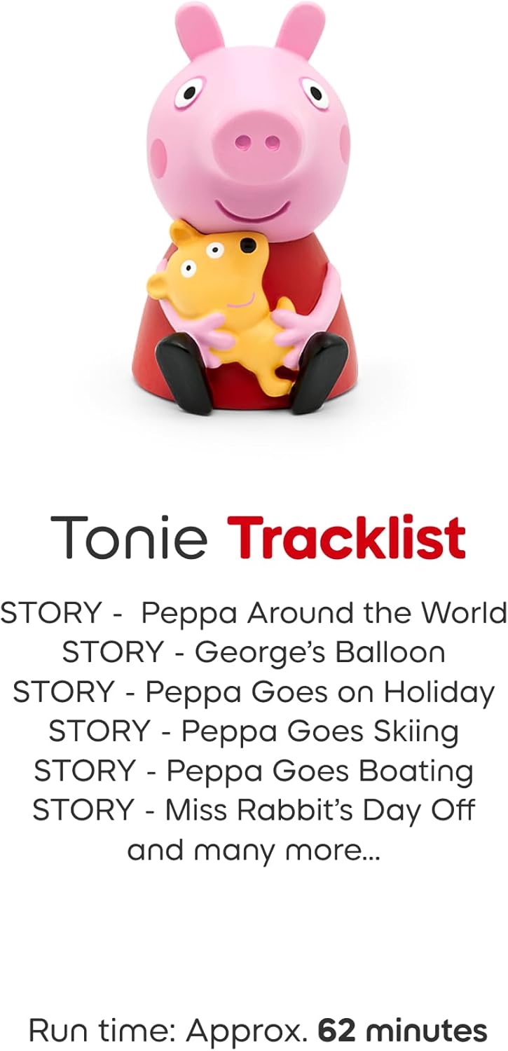 Pacote Toniebox 2 Tonies com 4 Tonies: Peppa Pig - George Pig, Histórias de ninar da Peppa, Peppa Pig - Aprenda com Peppa, Peppa Pig - Na estrada com Peppa, Sunset Red