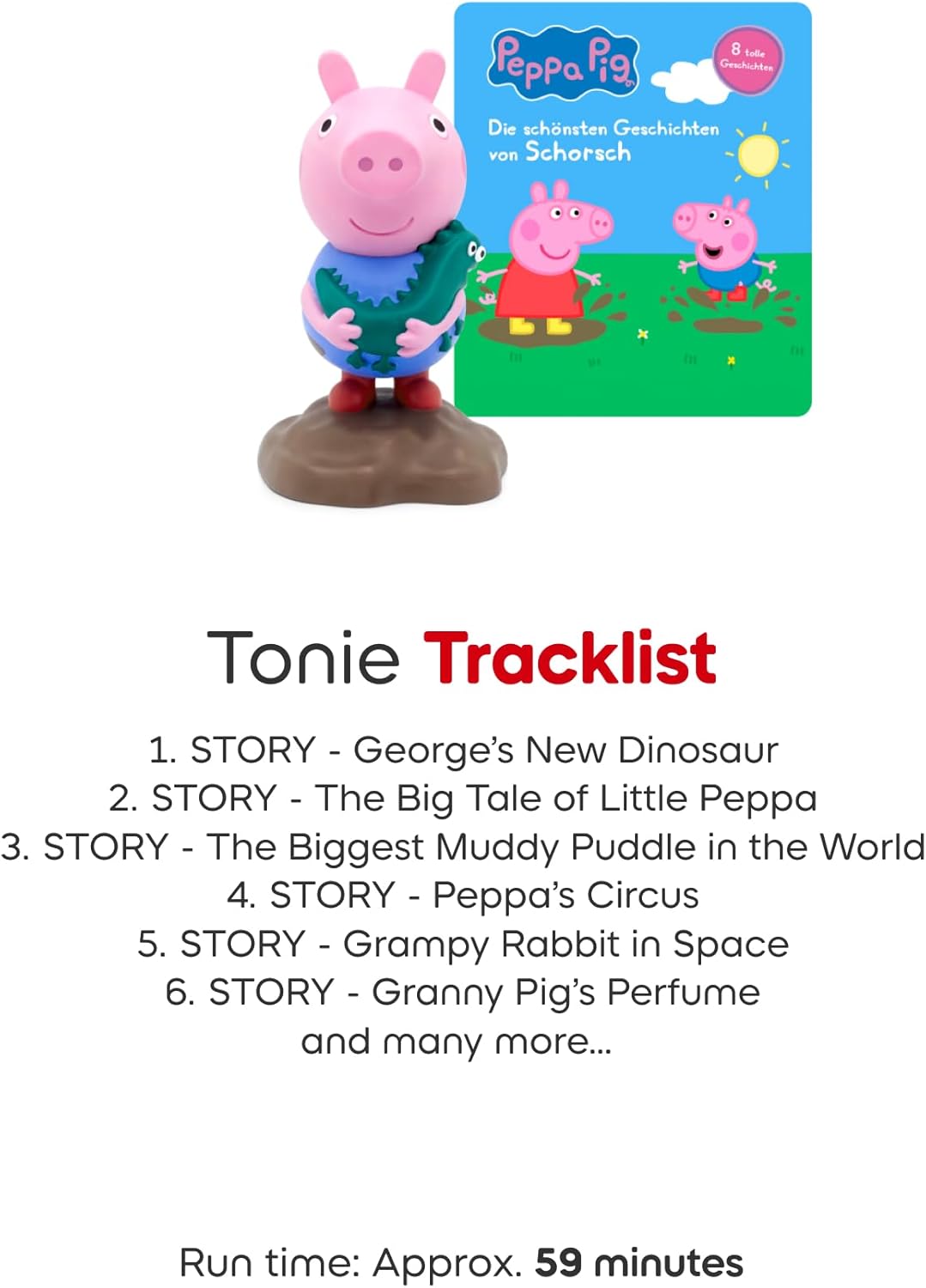 Pacote Toniebox 2 Tonies com 4 Tonies: Peppa Pig - George Pig, Histórias de ninar da Peppa, Peppa Pig - Aprenda com Peppa, Peppa Pig - Na estrada com Peppa, Sunset Red
