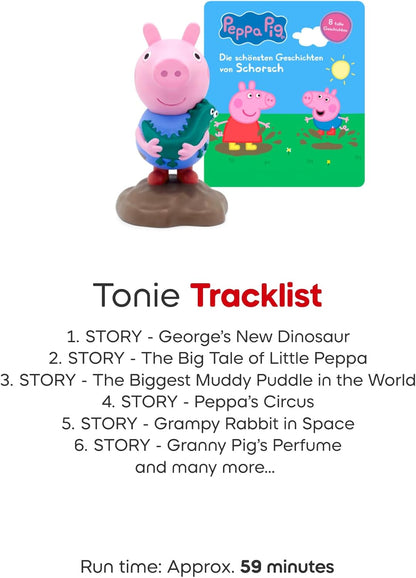 Pacote Toniebox 2 Tonies com 4 Tonies: Peppa Pig - George Pig, Histórias de ninar da Peppa, Peppa Pig - Aprenda com Peppa, Peppa Pig - Na estrada com Peppa, Sunset Red
