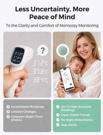 Momcozy Termômetro digital vestível para bebês , termômetro inteligente de precisão de grau médico, leitura instantânea, monitoramento em tempo real via aplicativo para crianças e bebês, adesivo hipoalergênico 3M, Bluetooth