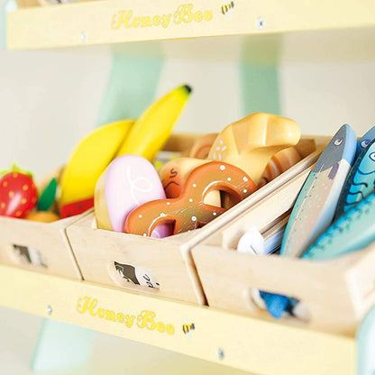 Le Toy Van - Caixa de vegetais de madeira do mercado de abelhas '5 por dia' | Supermercado fingir brincar de comprar comida