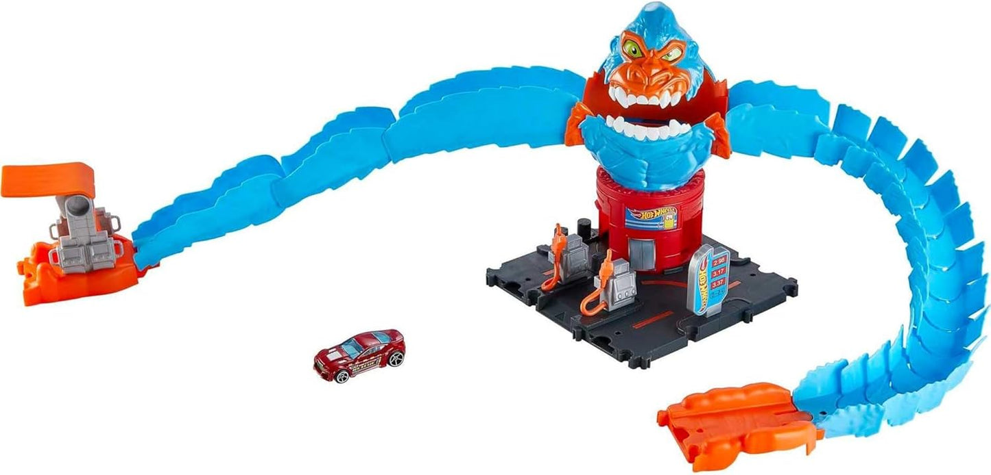 Hot Wheels City Wreck & Ride Gorilla Attack com 1 carro Hot Wheels, conecta-se a outros conjuntos, com tema de posto de gasolina, presente para crianças 4+