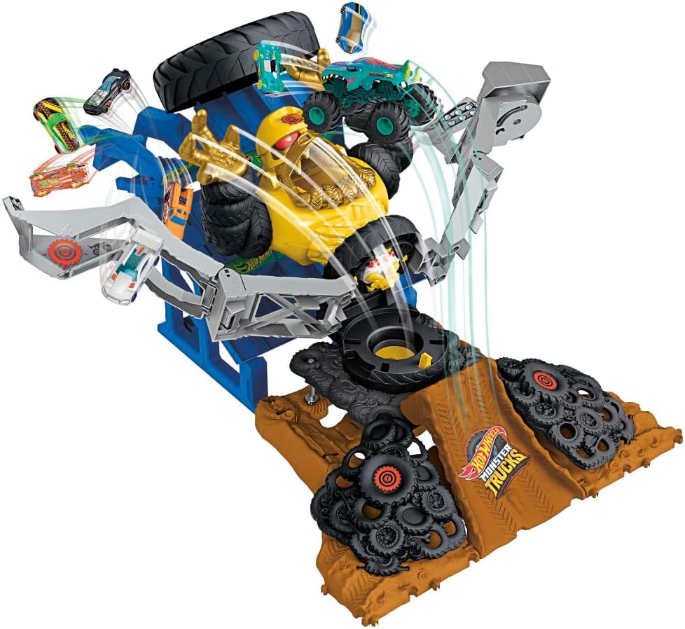 Hot Wheels Monster Trucks Arena Smashers Mega-Wrex vs. Crushzilla Takedown com caminhão de brinquedo Mega-Wrex em escala 1:64 e 2 carros esmagáveis, HPR47