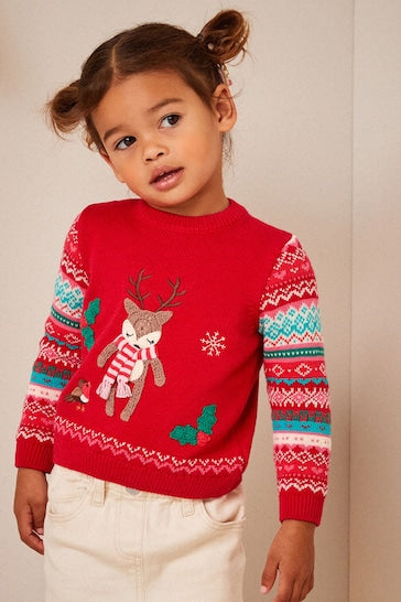 |Girl| Natal Suéter com padrão Red Deer Fairisle (3 meses a 7 anos)