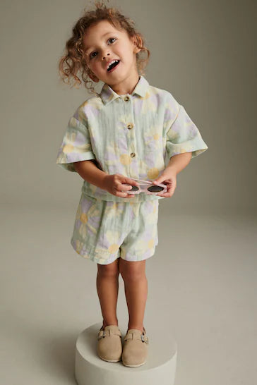 |Girl| Conjunto Camisa e Shorts - Estampa Floral Menta (3 meses a 7 anos)