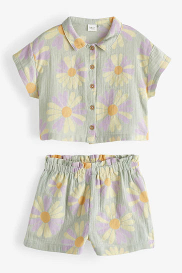 |Girl| Conjunto Camisa e Shorts - Estampa Floral Menta (3 meses a 7 anos)