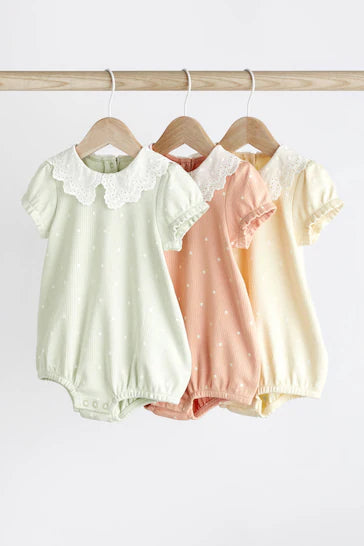 |BabyGirl| Macacão Bloomer Para Bebê Com 3 Unidades - Green/ Lemon / Apricot Lace Collar