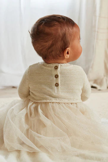 |BabyGirl| Vestido Tutu De Malha Para Bebê - Cream/Gold Sparkle (0 meses a 2 anos)