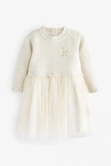 |BabyGirl| Vestido Tutu De Malha Para Bebê - Cream/Gold Sparkle (0 meses a 2 anos)