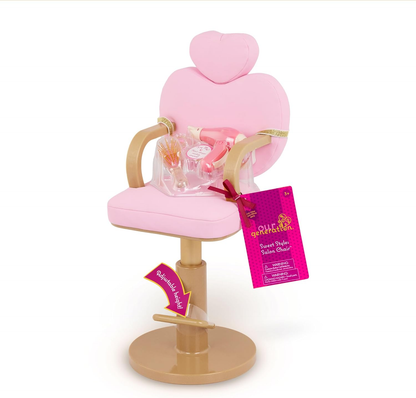 Our Generation Conjunto de Cadeiras de Salão Sweet Styles : acessórios de cabeleireiro para bonecas de 45 cm. Inclui cadeira ajustável, sons realistas e itens de penteado. Ideal para brincadeiras criativas de salão. Para crianças a partir de 3 anos.