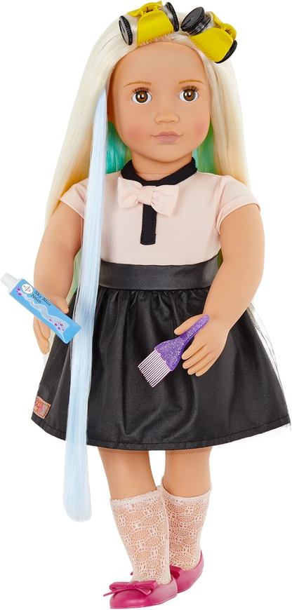 Salão de beleza Our Generation sobre rodas – Conjunto de reboque com tema de salão de beleza dobrável – Conjunto de salão de cabeleireiro com 35 peças