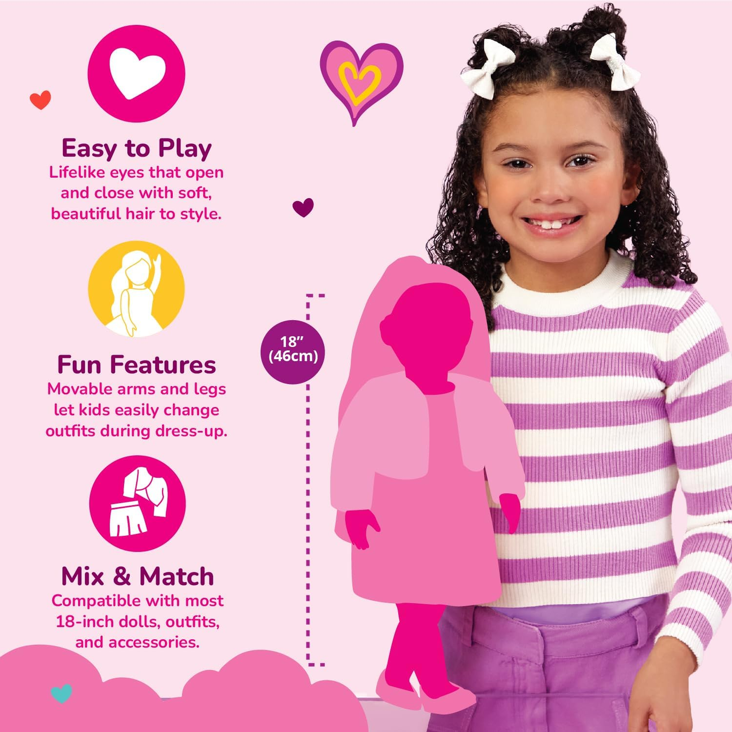 Boneca e Cavalo Elara e Lumina da Nossa Geração - Dupla de Boneca e Penteado de Potro de 18 polegadas, Cabelo Rosa, Brinquedo de Pentear Potro, Acessórios de Cabelo, Macacão Lilás, Para Crianças a partir dos 3 Anos